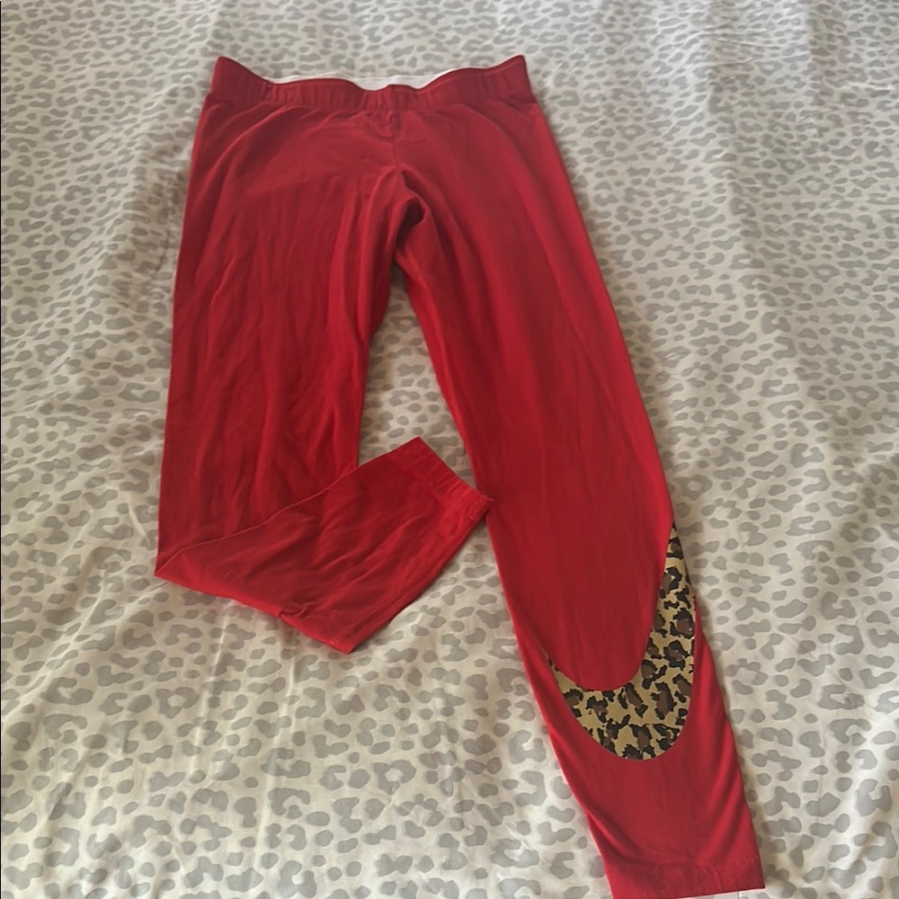 Nike Red Leggings with Leopard Print Swoosh